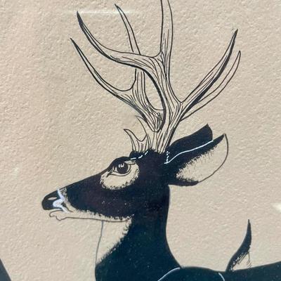 Framed Art Mule Deer Pen and Ink Drawing