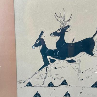 Framed Art Mule Deer Pen and Ink Drawing