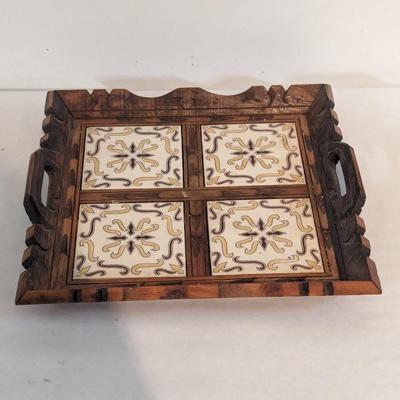 Hand Carved Wooden & Tiled Serving Tray