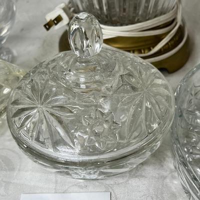Crystal decanters, Silver plated rim bowl Lidded cystal candy bowls