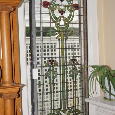 STUNNING ANTIQUE STAIN AND LEADED GLASS WINDOW 6 1/2" HEIGHT W/ WINDOW FRAME PAINTED WHITE