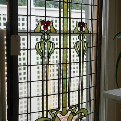STUNNING ANTIQUE STAIN AND LEADED GLASS WINDOW 6 1/2" HEIGHT W/ WINDOW FRAME PAINTED WHITE