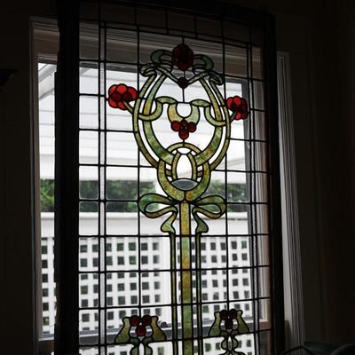 STUNNING ANTIQUE STAIN AND LEADED GLASS WINDOW 6 1/2" HEIGHT W/ WINDOW FRAME PAINTED WHITE