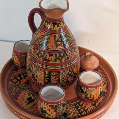 Cusco Peru Hand Painted Glazed Clay/Ceramic Pitcher Cups & Tray