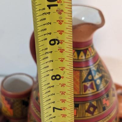Cusco Peru Hand Painted Glazed Clay/Ceramic Pitcher Cups & Tray