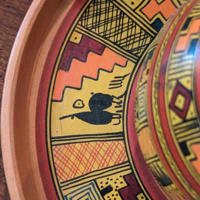 Cusco Peru Hand Painted Glazed Clay/Ceramic Pitcher Cups & Tray