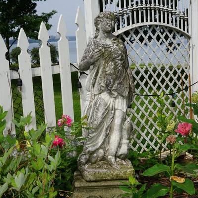 ANTIQUE CEMENT GARDEN FIGURINE OF ATHENA WITH PEDESTAL.