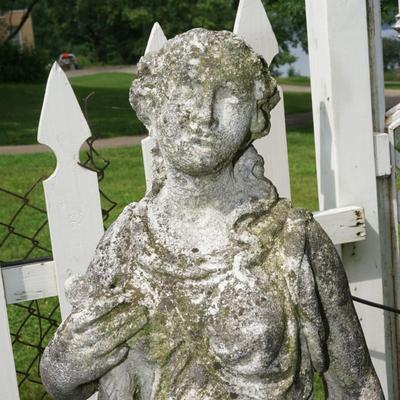 ANTIQUE CEMENT GARDEN FIGURINE OF ATHENA WITH PEDESTAL.