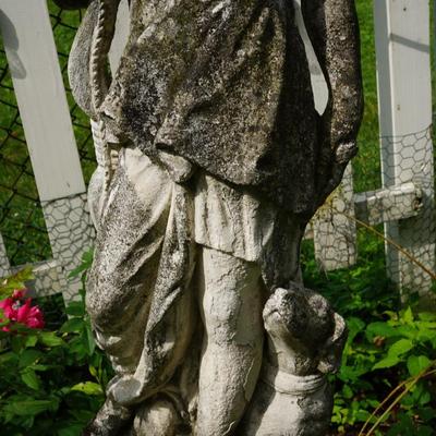 ANTIQUE CEMENT GARDEN FIGURINE OF ATHENA WITH PEDESTAL.