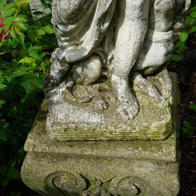 ANTIQUE CEMENT GARDEN FIGURINE OF ATHENA WITH PEDESTAL.