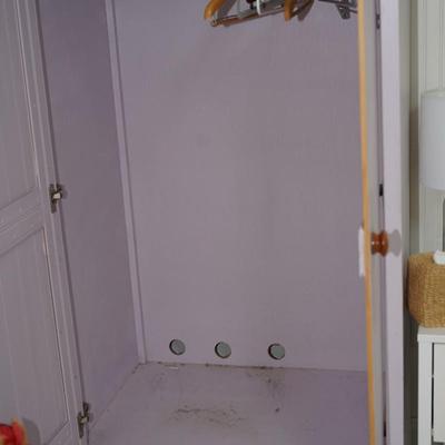 WOOD PAINTED A LAVENDER COLOR WITH NATURAL KNOBS WAINSCOT WARDROBE CABINET W/ DRAWER