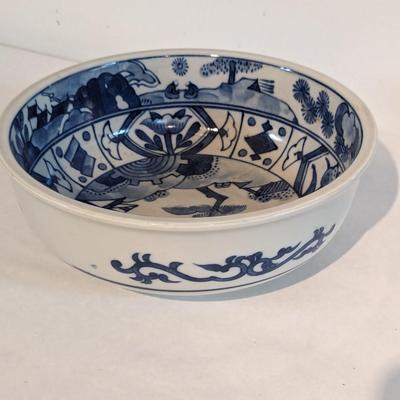 Marked Japanese Blue & White Centerpiece Fruit Bowl