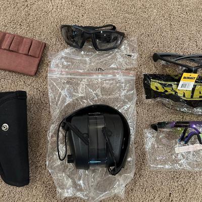 DEWALT SAFETY GLASSES, PISTOL HOLSTER, MAGAZINE HOLDER, HEARING AND EYE PROTECTION
