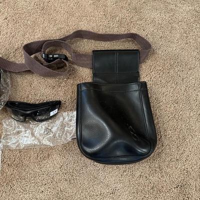 MAGAZINE HOLDER, CABELAS SAFETY EAR MUFFS, SAFETY GLASSES AND LEATHER BAG WITH BELT