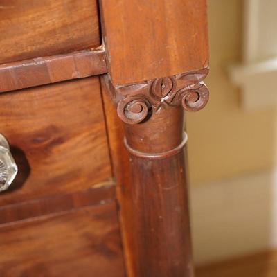 CIRCA 1860 BUTLERS STYLE CHEST IN FLAME MAHOGANY / SANDWICH GLASS CO. KNOBS.