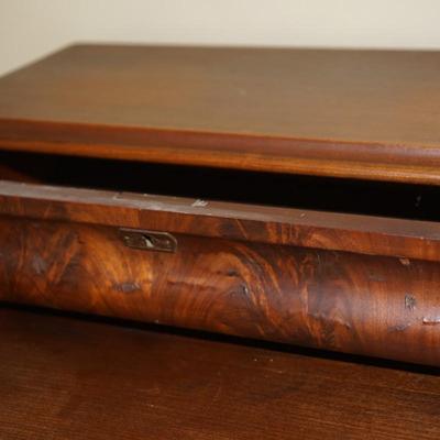 CIRCA 1860 BUTLERS STYLE CHEST IN FLAME MAHOGANY / SANDWICH GLASS CO. KNOBS.