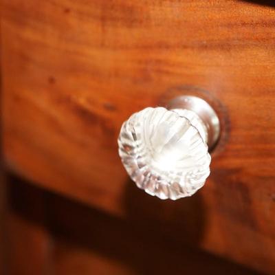 CIRCA 1860 BUTLERS STYLE CHEST IN FLAME MAHOGANY / SANDWICH GLASS CO. KNOBS.