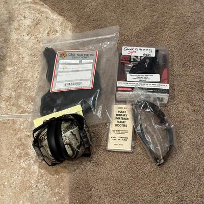 EAR PROTECTION, SAFETY GLASSES, GLOCK 19/23 THUMB BREAK SCABBARD AND GLOCK RPM-I MOUNT