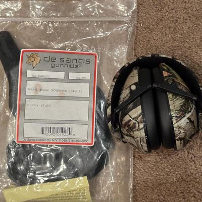 EAR PROTECTION, SAFETY GLASSES, GLOCK 19/23 THUMB BREAK SCABBARD AND GLOCK RPM-I MOUNT