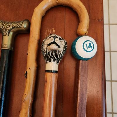 Lot of 8 Walking Sticks Canes Duck, Dog, Lion, Pool Ball,