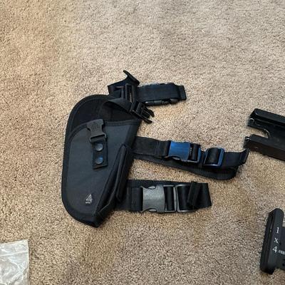 TACTICAL LEG PISTOL HOLSTER, 12GA. TACTICAL STRIPPERS, DOUBLE MAGAZINE POUCH AND SAFETY GLASSES