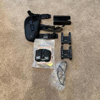 TACTICAL LEG PISTOL HOLSTER, 12GA. TACTICAL STRIPPERS, DOUBLE MAGAZINE POUCH AND SAFETY GLASSES