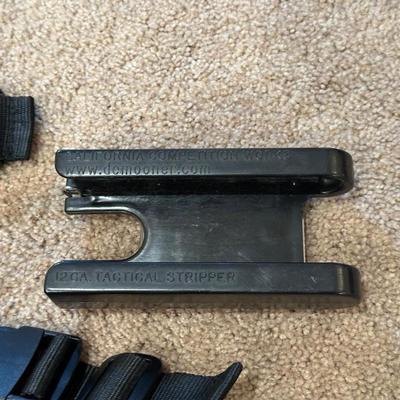 TACTICAL LEG PISTOL HOLSTER, 12GA. TACTICAL STRIPPERS, DOUBLE MAGAZINE POUCH AND SAFETY GLASSES