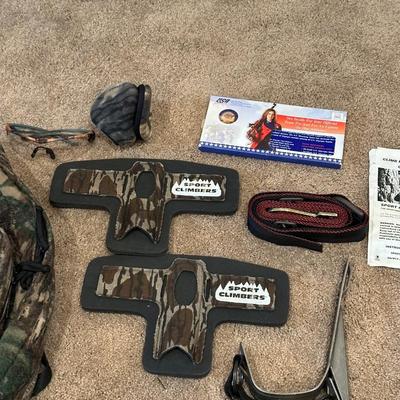 SPORT CLIMBERS TREE CLIMBERS, EAR MUFFS, SAFETY GLASSES, HUNTING BACK PACK AND USA TEAM PIN