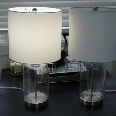CONTEMPORARY CHROME BASE TABLE LAMPS. W/ BUBBLE EFFECT CLEAR GLASS - GOOD SHADES- PAIR