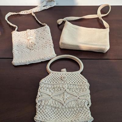 Macrame top Handle Purse Hand Made Crochet Woven Hand Held Bag