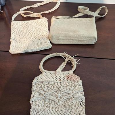 Macrame top Handle Purse Hand Made Crochet Woven Hand Held Bag