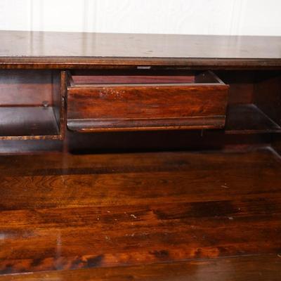 EARLY 1900'S MAHOGANY DROP FRONT WRITING DESK W/ TWO DRAWERS/ TRUMPET TURNED LEGS