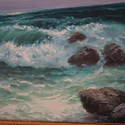SEASCAPE OIL ON CANVASE IN GESSO GOLD TONE PAINTED FRAME. - SIGNED