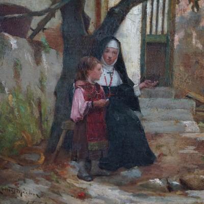 19TH CENTURY OIL PAINTING ON BOARD. DUTCH. NUN & YOUNG CHILD. IN PERIOD FRAME OF GESSO / GILDING.