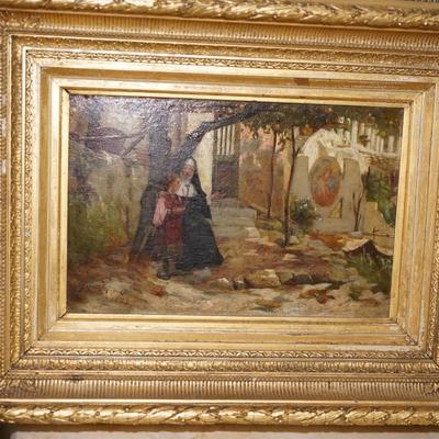 19TH CENTURY OIL PAINTING ON BOARD. DUTCH. NUN & YOUNG CHILD. IN PERIOD FRAME OF GESSO / GILDING.