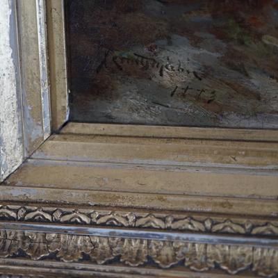 19TH CENTURY OIL PAINTING ON BOARD. DUTCH. NUN & YOUNG CHILD. IN PERIOD FRAME OF GESSO / GILDING.