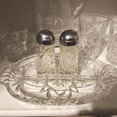 GLASS SALT & PEPPER-DIVIDER DISH-SUGAR & CREAMER-PITCHER