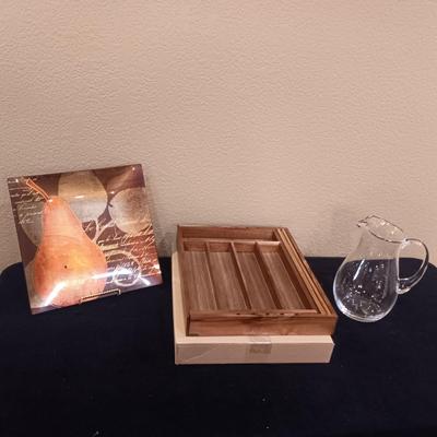 NEW BAMBOO EXPANDABLE DRAWER ORGANIZER, GLASS PITCHER & GLASS PLATTER
