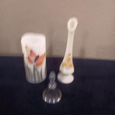 HAND PAINTED FENTON BUD VASE, BUTTERFLY FLAMELESS CANDLE AND SILVER PLATED BELL