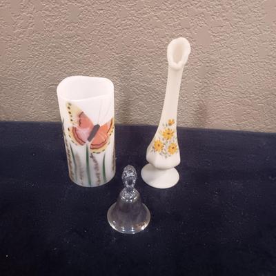 HAND PAINTED FENTON BUD VASE, BUTTERFLY FLAMELESS CANDLE AND SILVER PLATED BELL