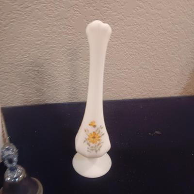 HAND PAINTED FENTON BUD VASE, BUTTERFLY FLAMELESS CANDLE AND SILVER PLATED BELL