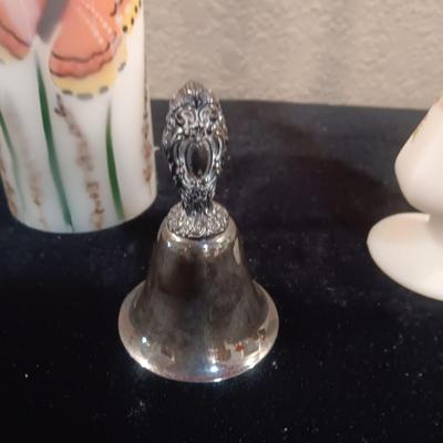 HAND PAINTED FENTON BUD VASE, BUTTERFLY FLAMELESS CANDLE AND SILVER PLATED BELL