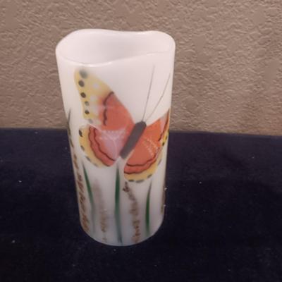 HAND PAINTED FENTON BUD VASE, BUTTERFLY FLAMELESS CANDLE AND SILVER PLATED BELL