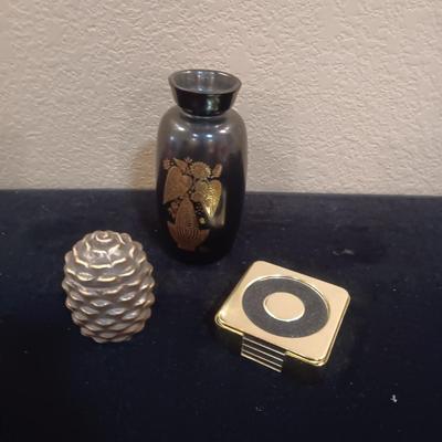 HYALYN POTTERY VASE, BRASS COASTER SET AND PINECONE CANDLE HOLDER
