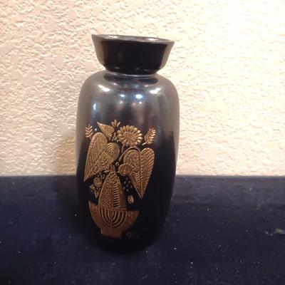 HYALYN POTTERY VASE, BRASS COASTER SET AND PINECONE CANDLE HOLDER