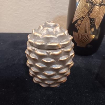 HYALYN POTTERY VASE, BRASS COASTER SET AND PINECONE CANDLE HOLDER