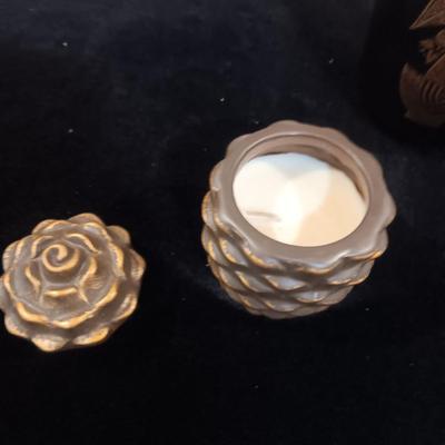 HYALYN POTTERY VASE, BRASS COASTER SET AND PINECONE CANDLE HOLDER