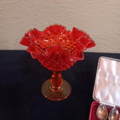 ORANGE FENTON RUFFLED COMPOTE, SILVER PLATED CONDIMENT DISH AND TEA SPOONS