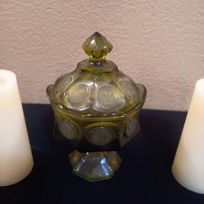FOSTORIA AMERICAN COIN WEDDING BOWL, 2 FLAMELESS CANDLES AND GLASS RABBIT TRINKET BOX
