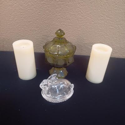 FOSTORIA AMERICAN COIN WEDDING BOWL, 2 FLAMELESS CANDLES AND GLASS RABBIT TRINKET BOX